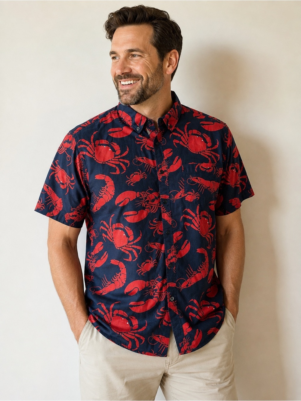 Artistry In Motion Men's Red Crab Print Short-Sleeve Shirt Beach Vacation L